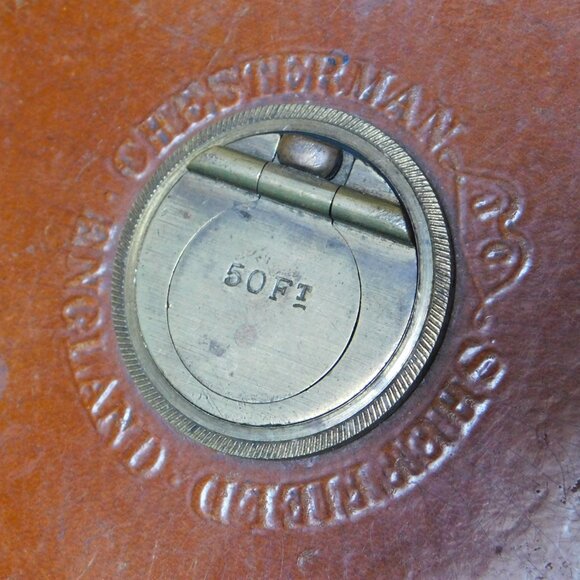 Vintage Chesterman Sheffield England brass leather cloth 50' measuring tape - Picture 2 of 9